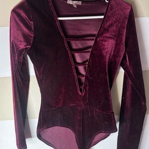 Charlotte Russe Wine Velvet Plunge Ladder-Front Bodysuit